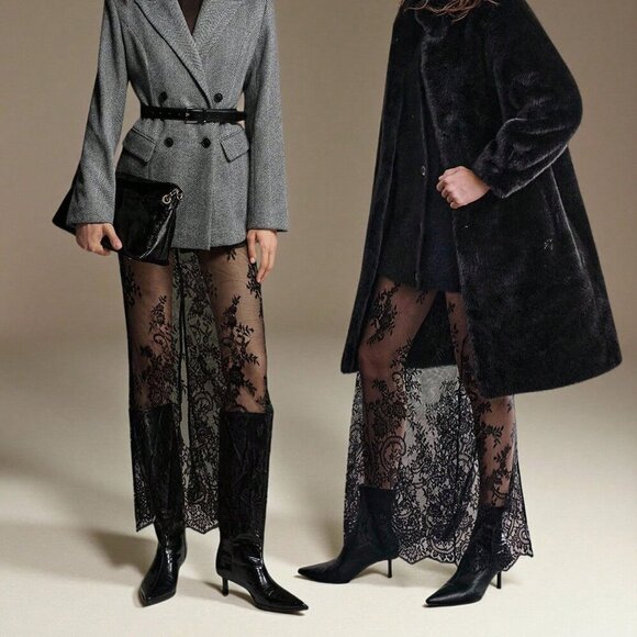 Black Sexy Women's Long See-Through Lace maxi Skirt - Picture 3 of 8